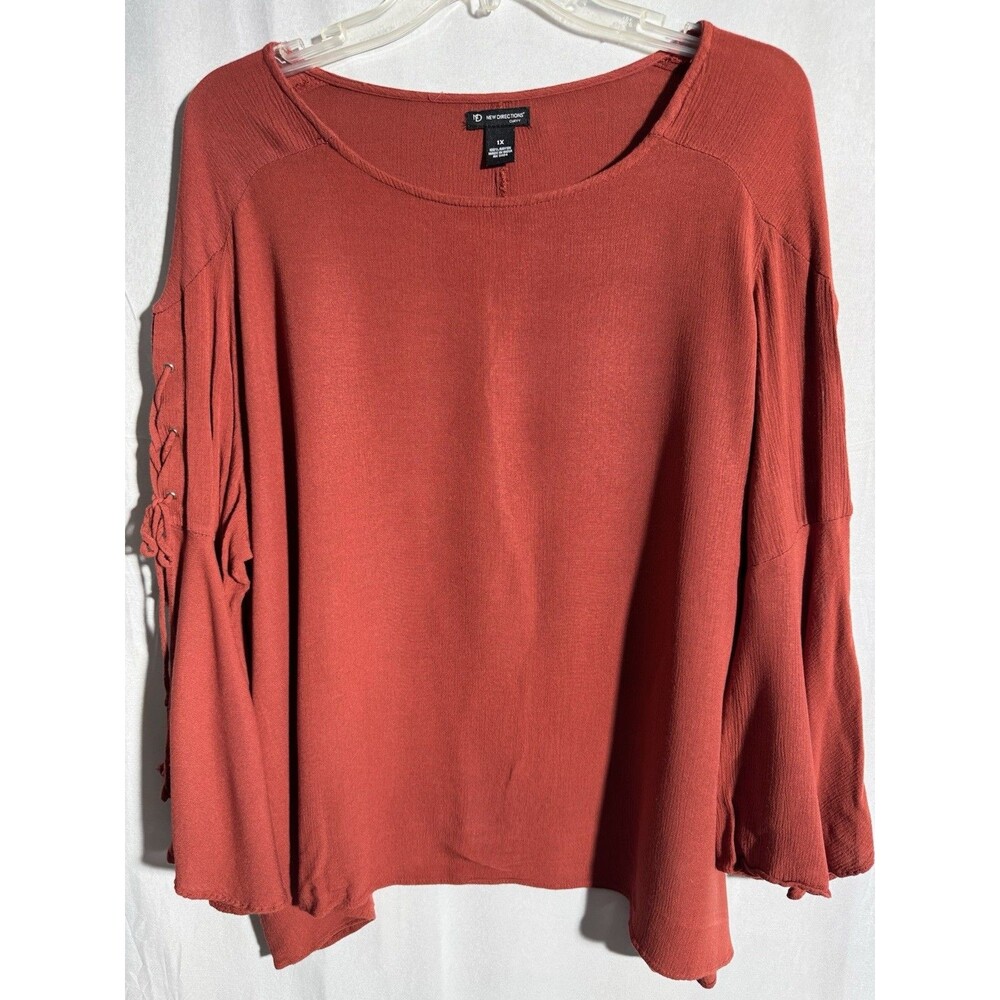 New Directions Rust Bell Sleeve Blouse Women 1X Casual Boho Flowy Top